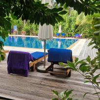 Ein tropisches Resort mit blauem Pool, umgeben von sattgrünen Pflanzen und Holzdecks.