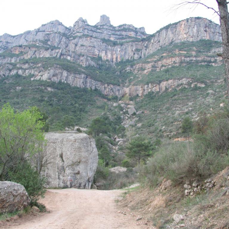 Ein Blick auf eine felsige Bergkette mit einem Weg im Vordergrund.