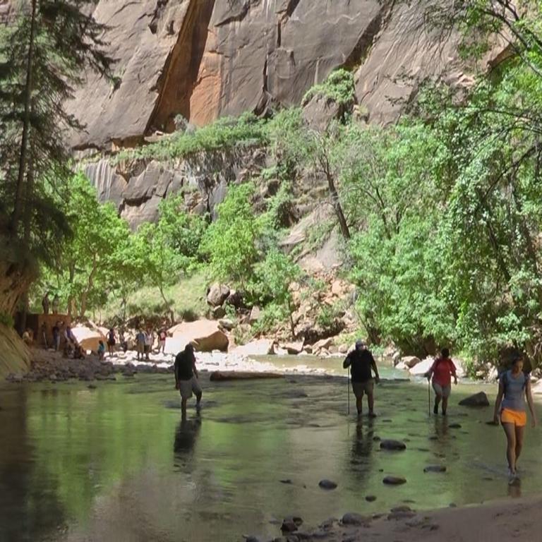 Ein ruhiger Fluss fließt durch einen Canyon, der von hohen Felswänden und üppigem Wald umgeben ist. Einige Menschen stehen am bewaldeten Ufer und geni