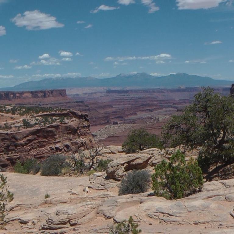 Panoramablick auf eine ausgedehnte Canyon-Landschaft mit trockenen Felsen und grüner Buschvegetation im Vordergrund.